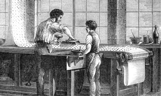 Historical illustration of people making wallpaper